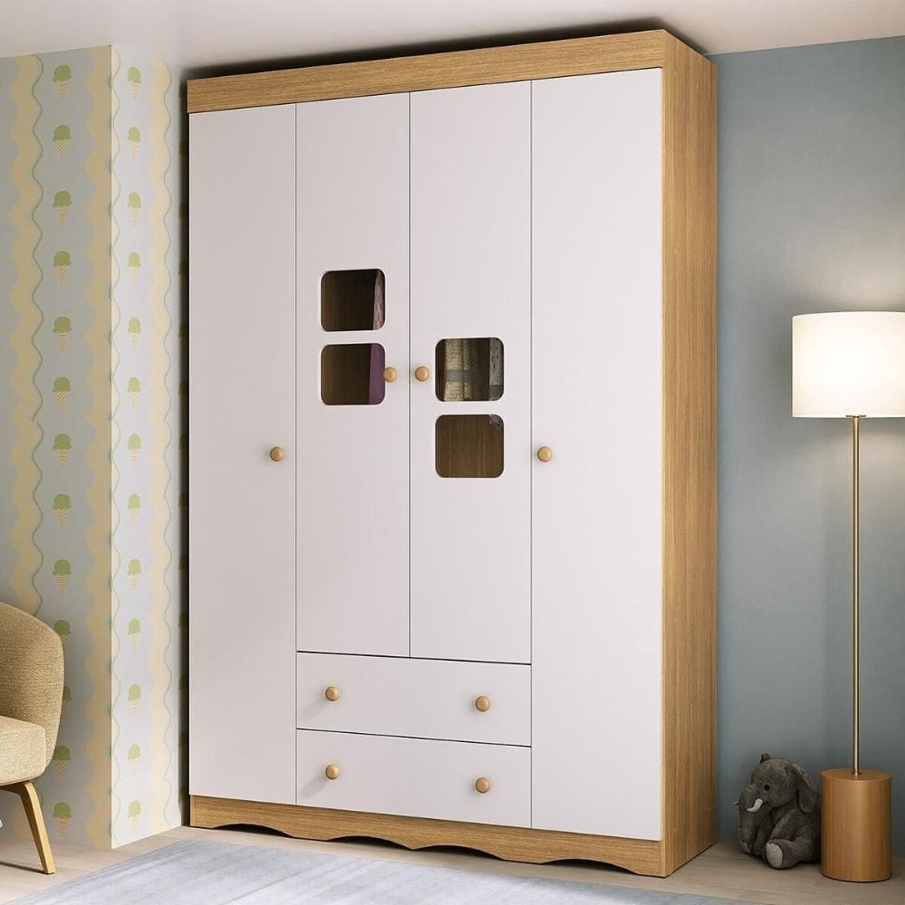 Guarda-roupa Infantil 122cm com Vidro 4 Portas e 2 Gavetas Serena Multimóveis MP4432
