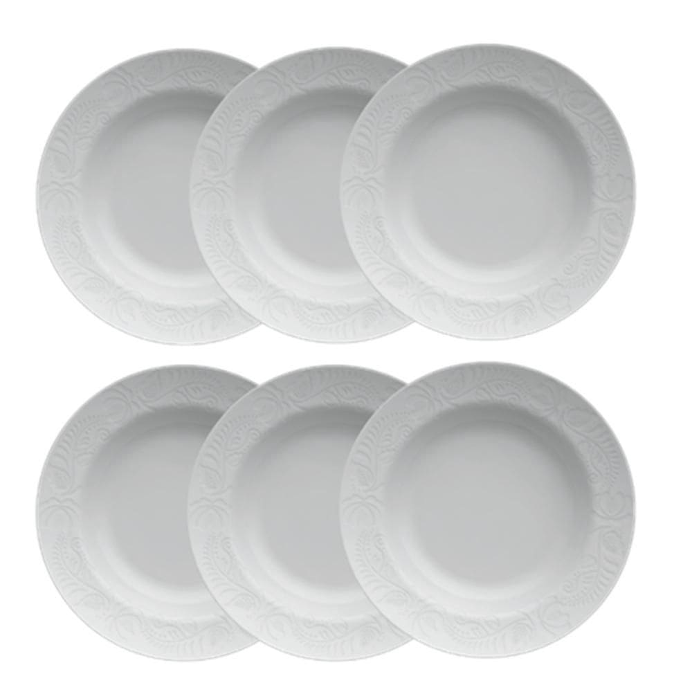 Kit 6 Prato Fundo Sopa Relevo Folk 23,5cm Branco Porcelanas