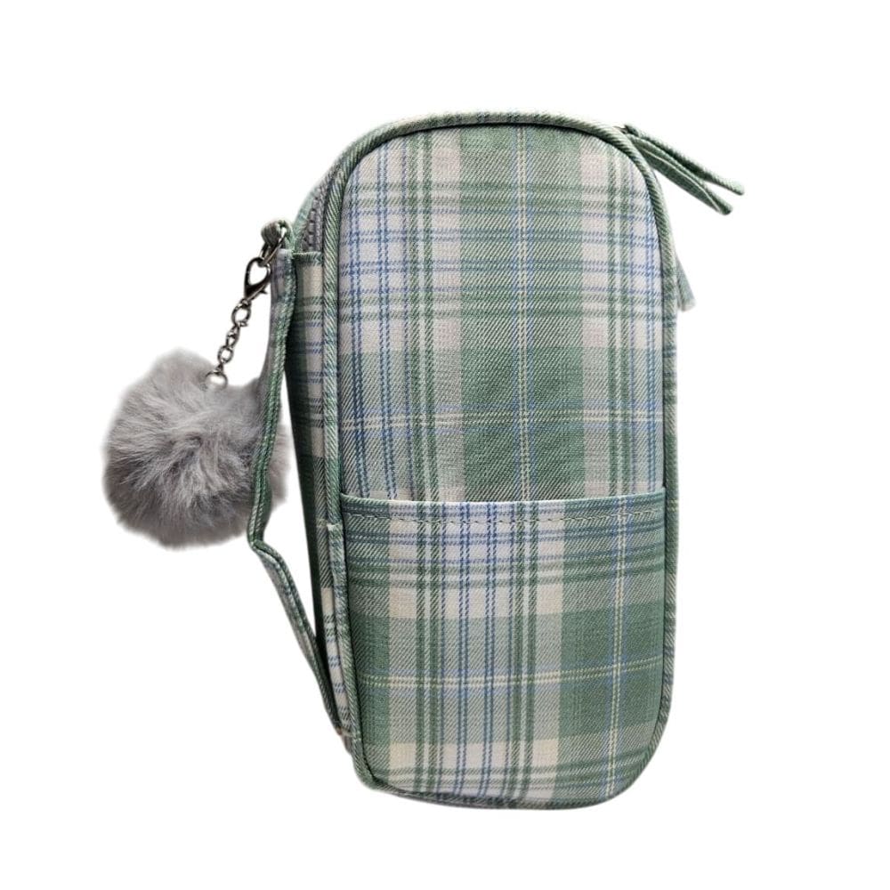 Estojo Box Grande Escolar Xadrez Verde com Pompom Organizador Colorido Fofo Alça Aula Material