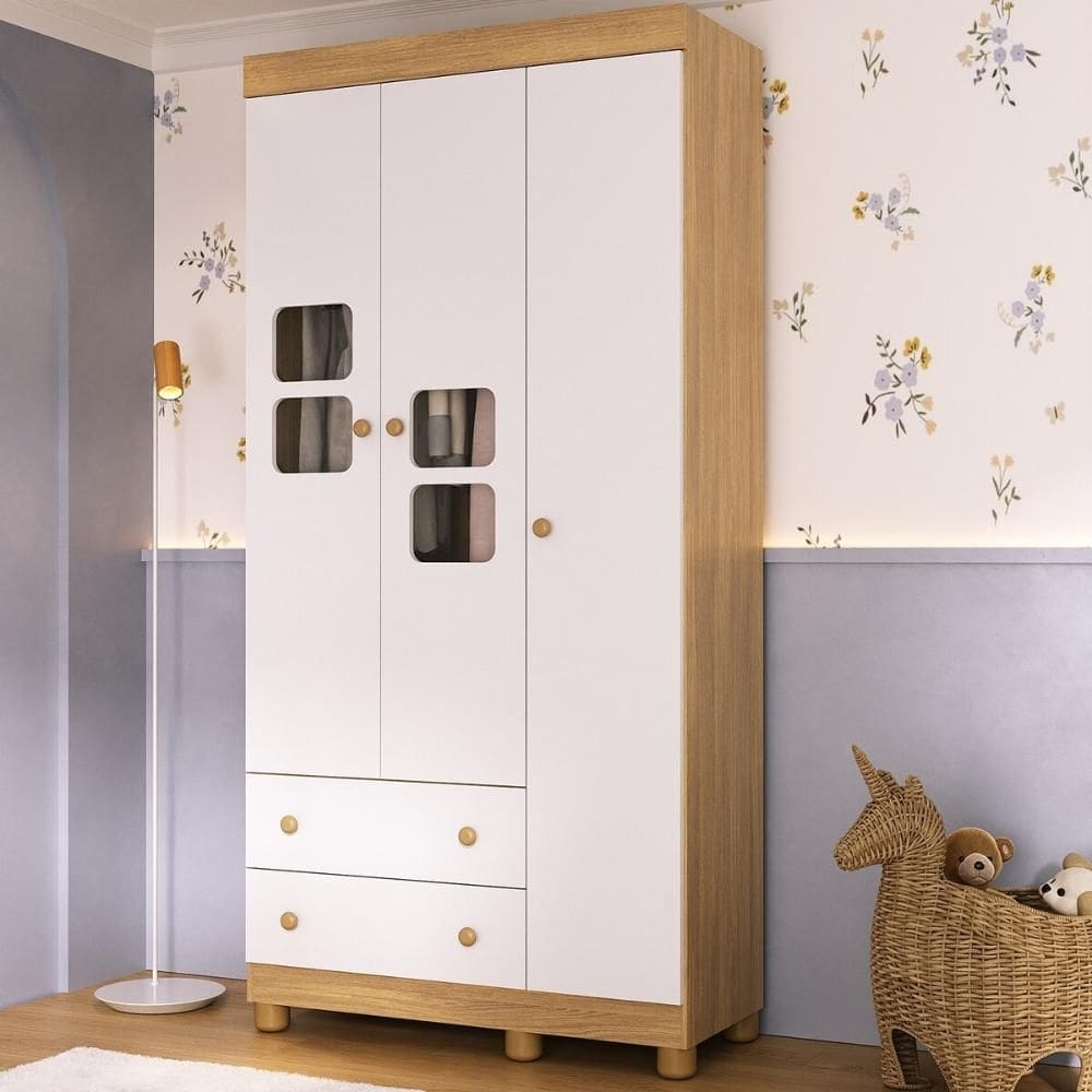 Guarda-roupa Infantil 92cm com Vidro 3 Portas e 2 Gavetas Sol Multimóveis MP4419