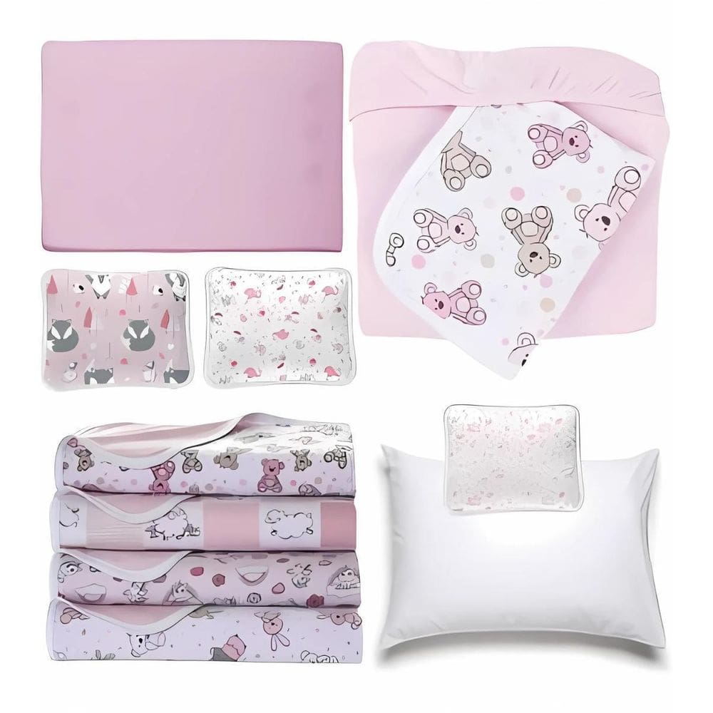 Berço 7Pçs Rosa Bebê Lençol + Fronhas + Travesseiros + Manta