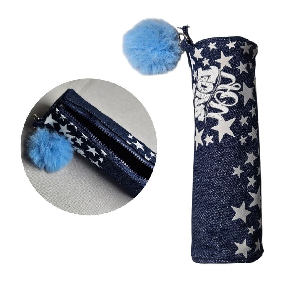 Estojo Jeans Love You Estrelas Pompom Azul Escolar Fofo Leve Organização Aula Fofo Lápis Material