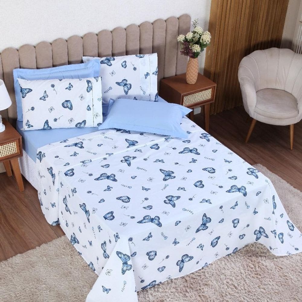 Jogo Cama Queen 3P Lençol Sem Elástico + Fronha 100% Algodão