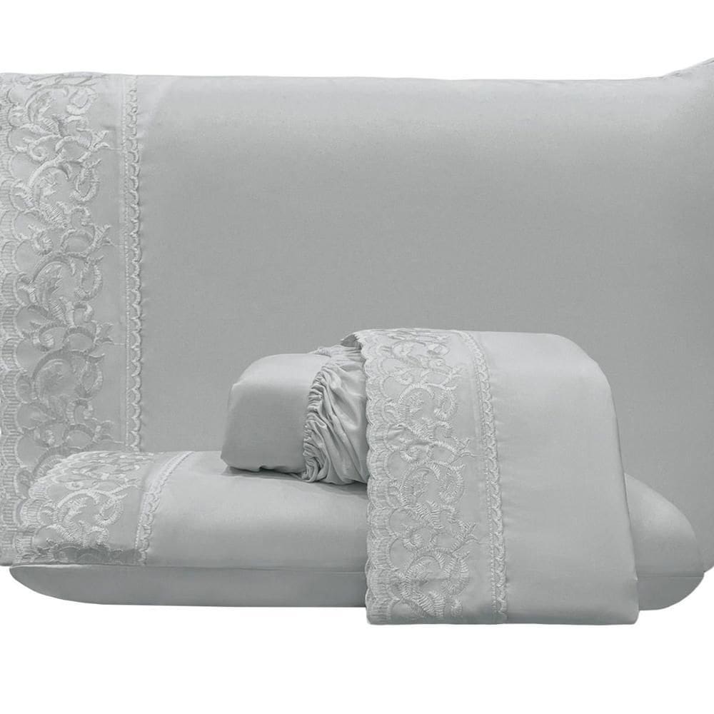 Jogo Cama Lençol Casal Top Line 4 Peças Cinza 100% Poliéster