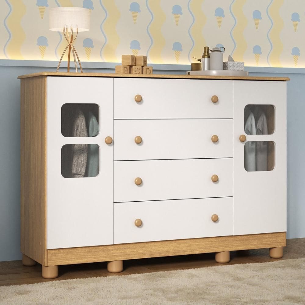 Cômoda Infantil 125cm 2 Portas com Vidro e 4 Gavetas Sol Multimóveis MP4423
