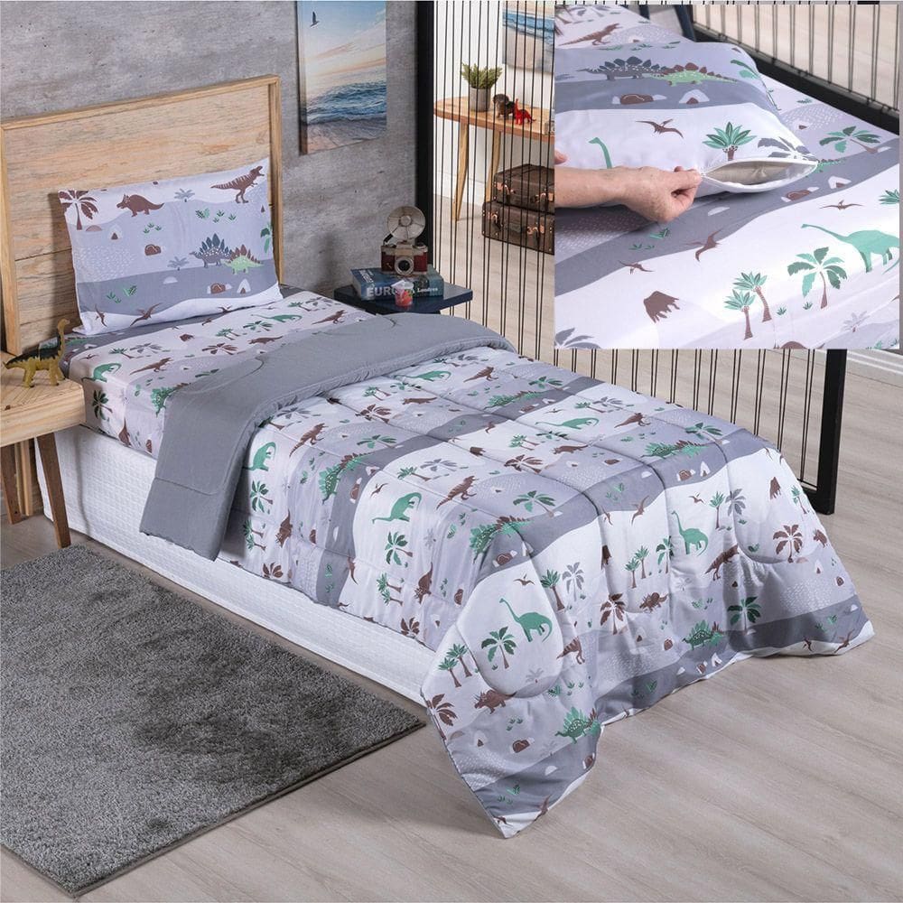 Kit Coordenado Edredom Lençol Solteiro Alegria Dinossauro