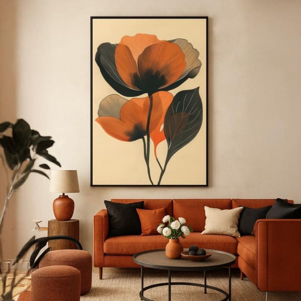 Quadro Canvas Floral Marrom E Preto 40X30Cm Mold Preta