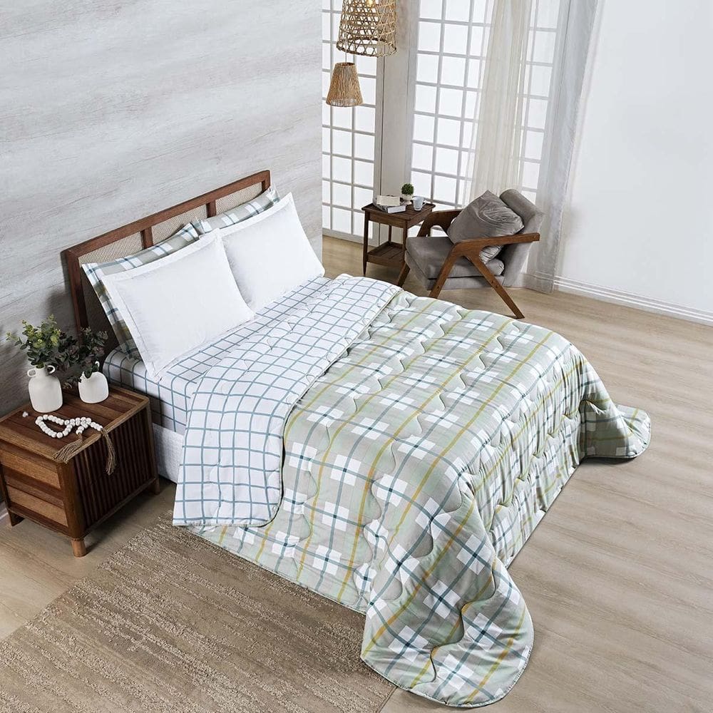 Edredom Cobertor Belle King 400 Fios Dupla Face Grid Verde