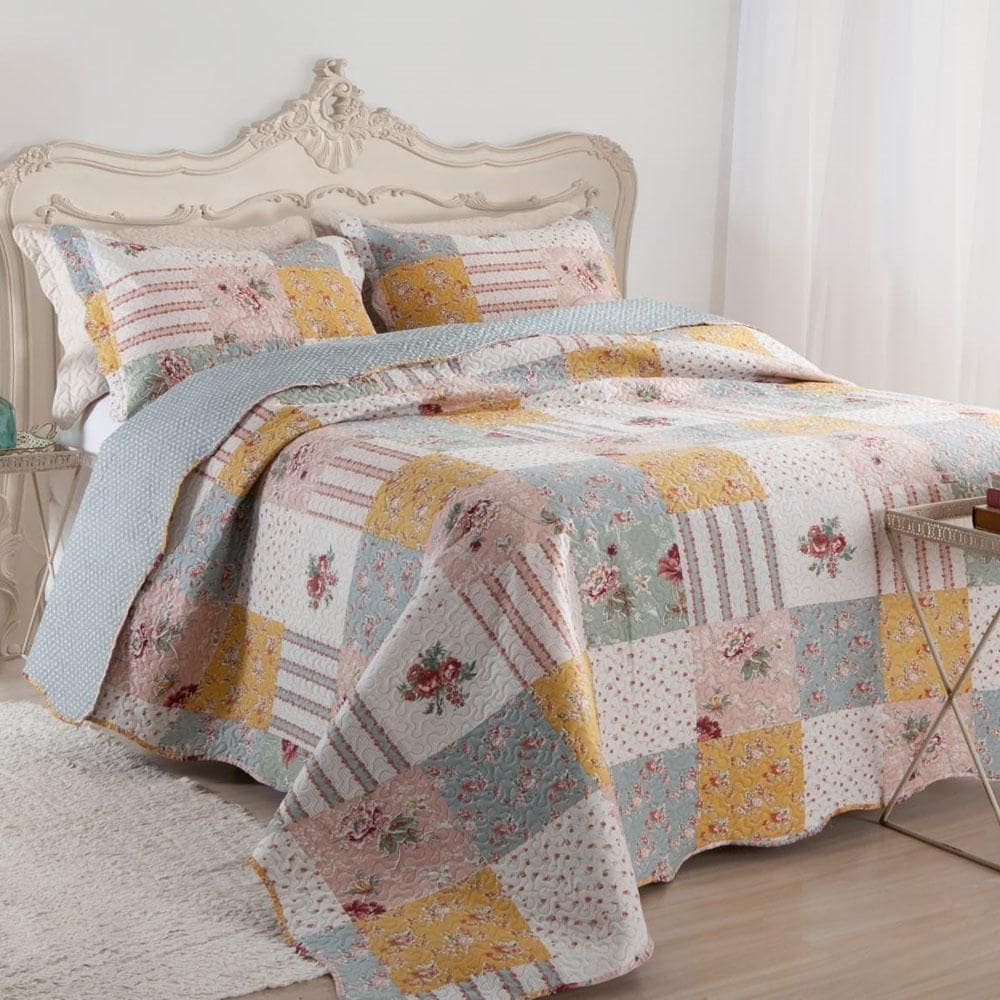 Kit Cobre Leito Colcha Mix King Estampado Dupla Face Floral