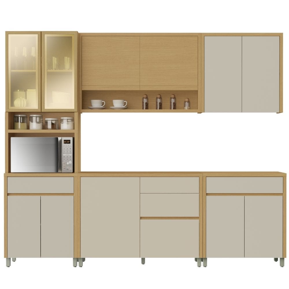 Armário De Cozinha Completa 100% MDF 11 Portas 5 Gavetas Cléo Madeirado/Off White Nesher