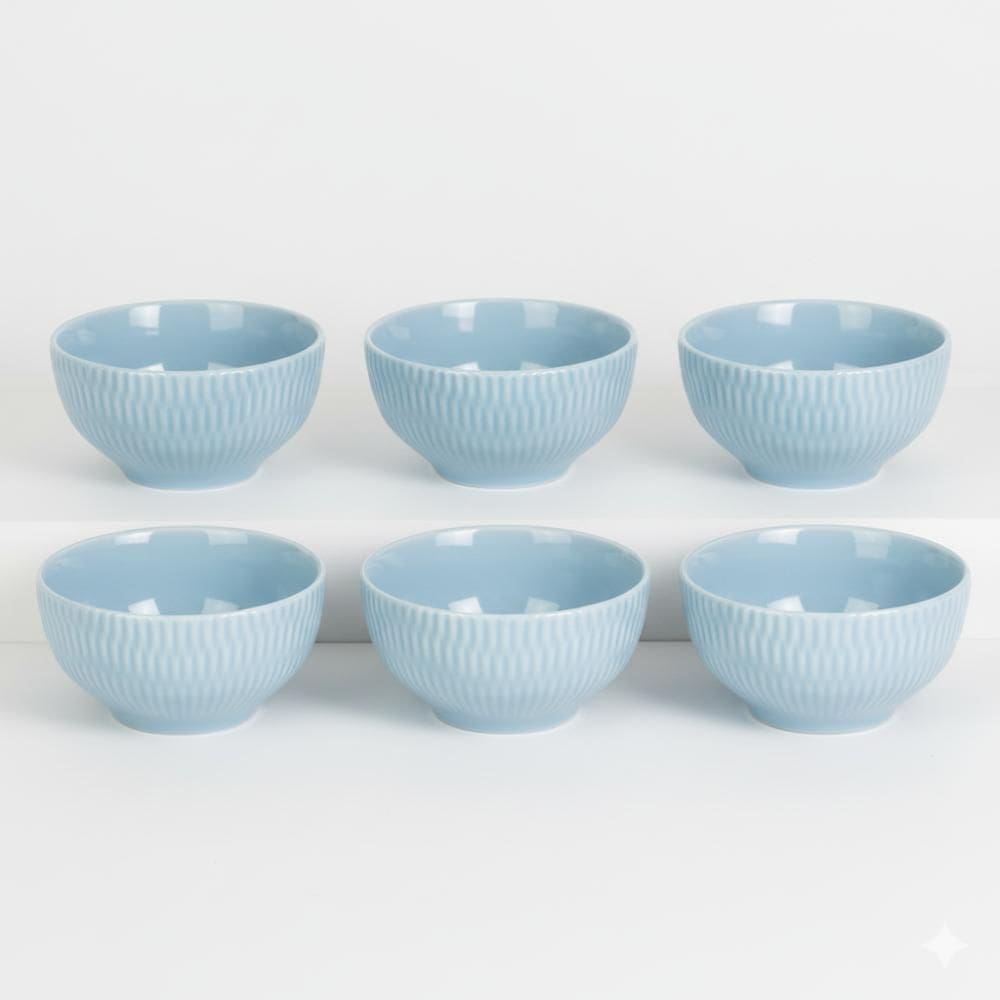 Kit 6 Bowl Tigela Azul Vintage Relevo Shell 408ml Porcelana