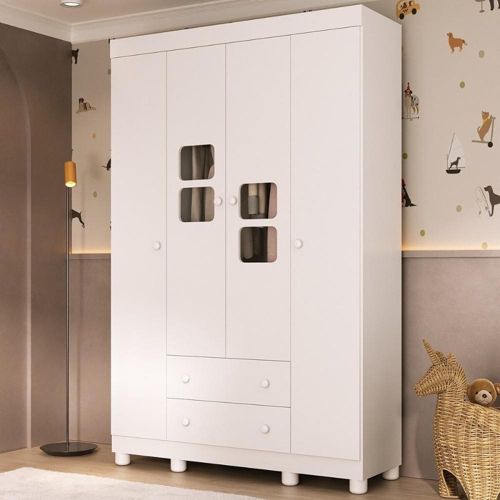 Guarda-roupa Infantil 122cm com Vidro 4 Portas e 2 Gavetas Sol Multimóveis MP4420