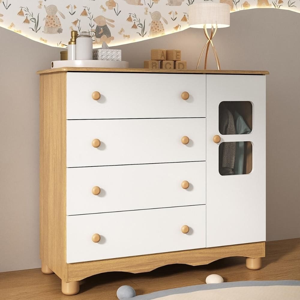 Cômoda Infantil 95cm 1 Porta com Vidro e 4 Gavetas Luna Multimóveis MP4414