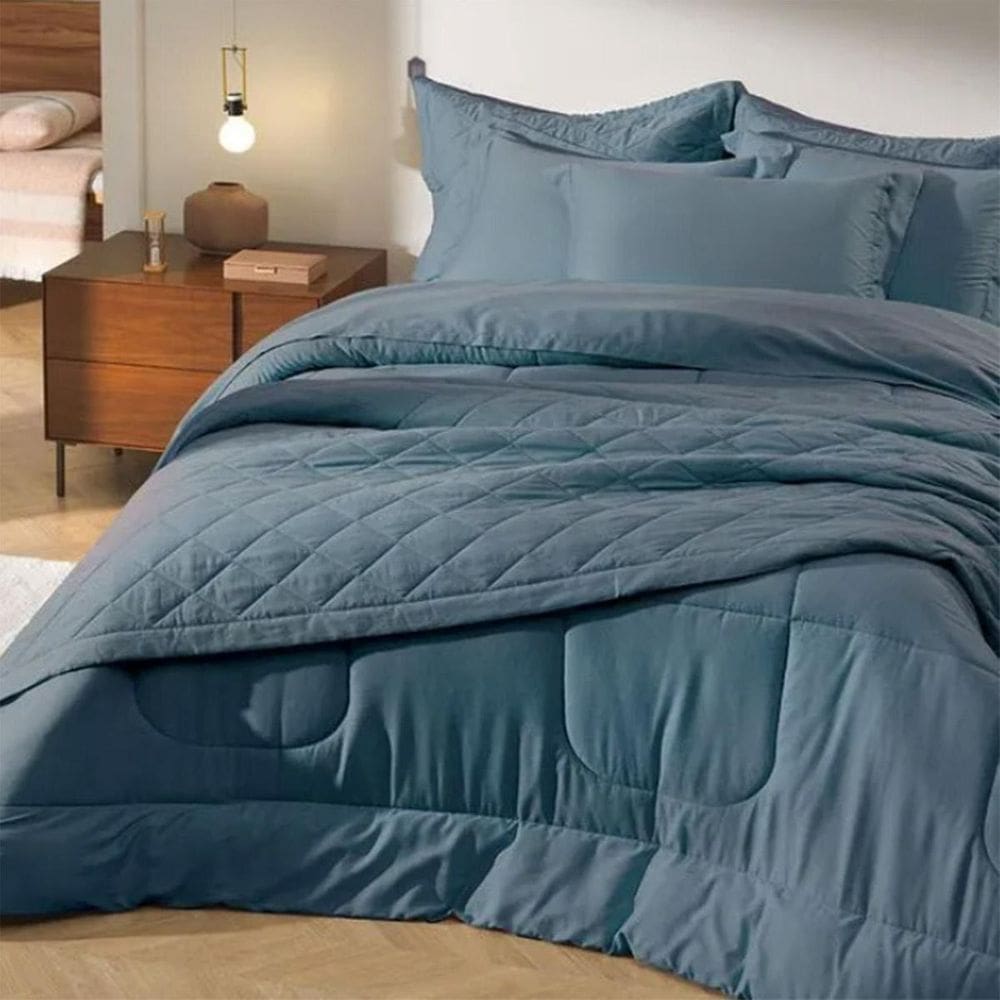 Kit Colcha Solteiro Bossa 300 Fios Azul 100% Algodão Karsten