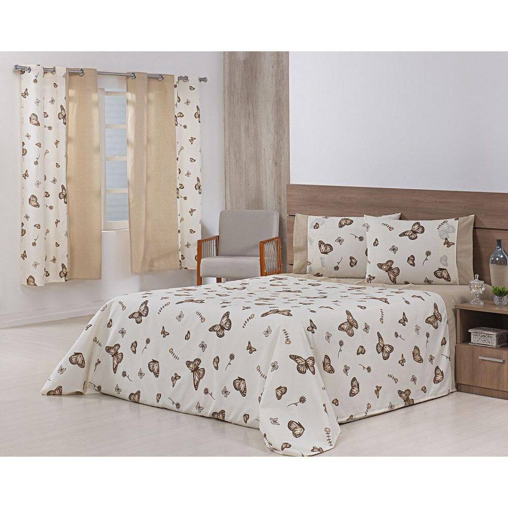 Lençol 4Pç Casal 188X138X40 100% Alg 180Fio Borboletas Cáqui