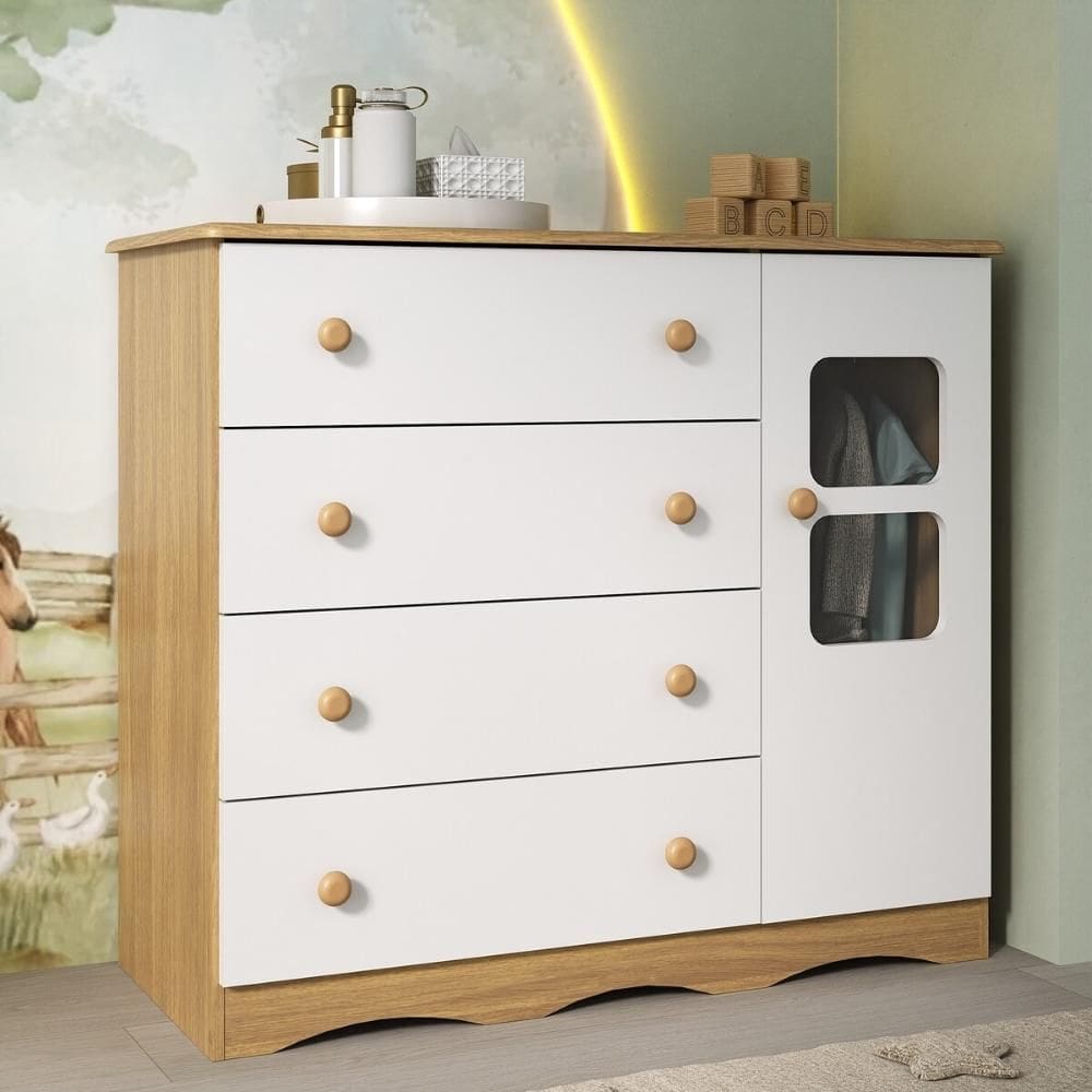 Cômoda Infantil 95cm 1 Porta com Vidro e 4 Gavetas Serena Multimóveis MP4434