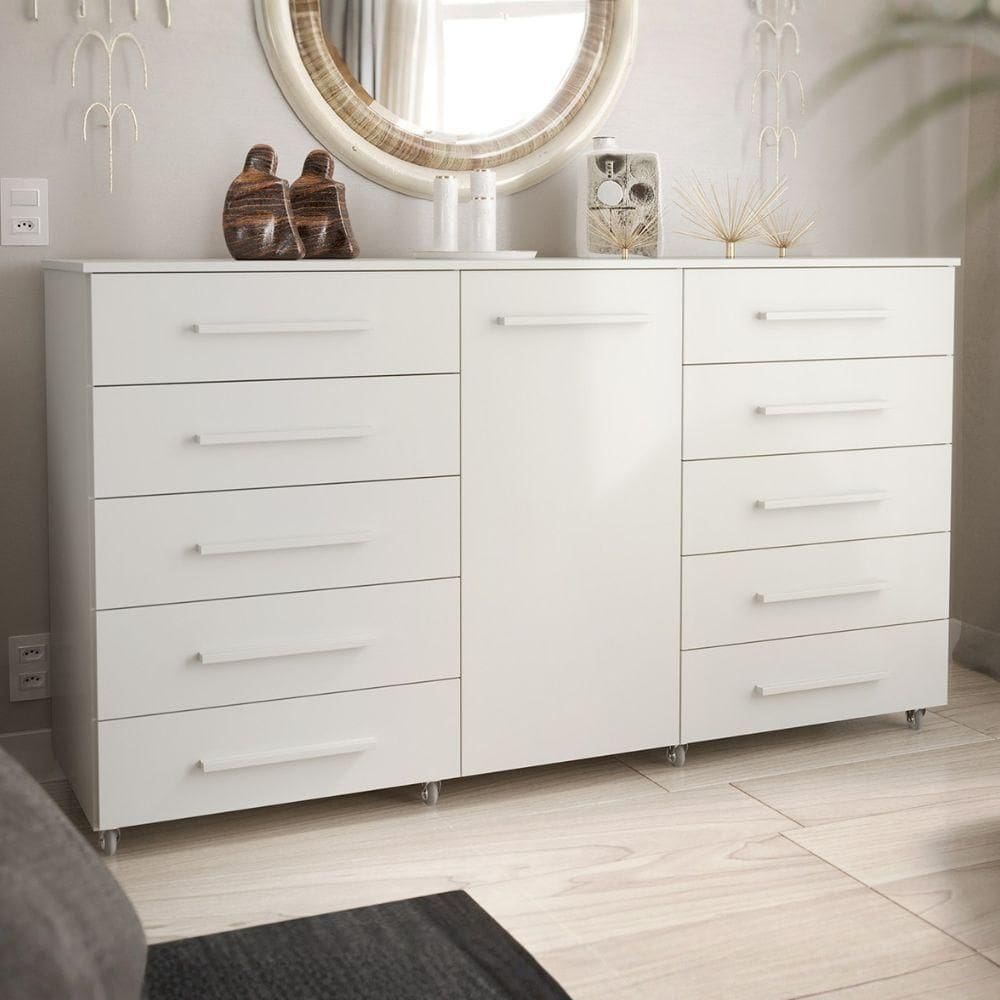 Cômoda Multiuso 10 Gavetas 1 Porta Ferrari Com Rodízios Branco