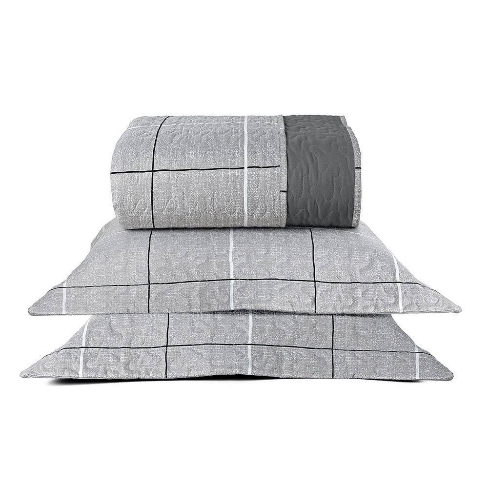 Kit Colcha Celi Casal Dupla Face 200 Fios Xadrez Grid Cinza