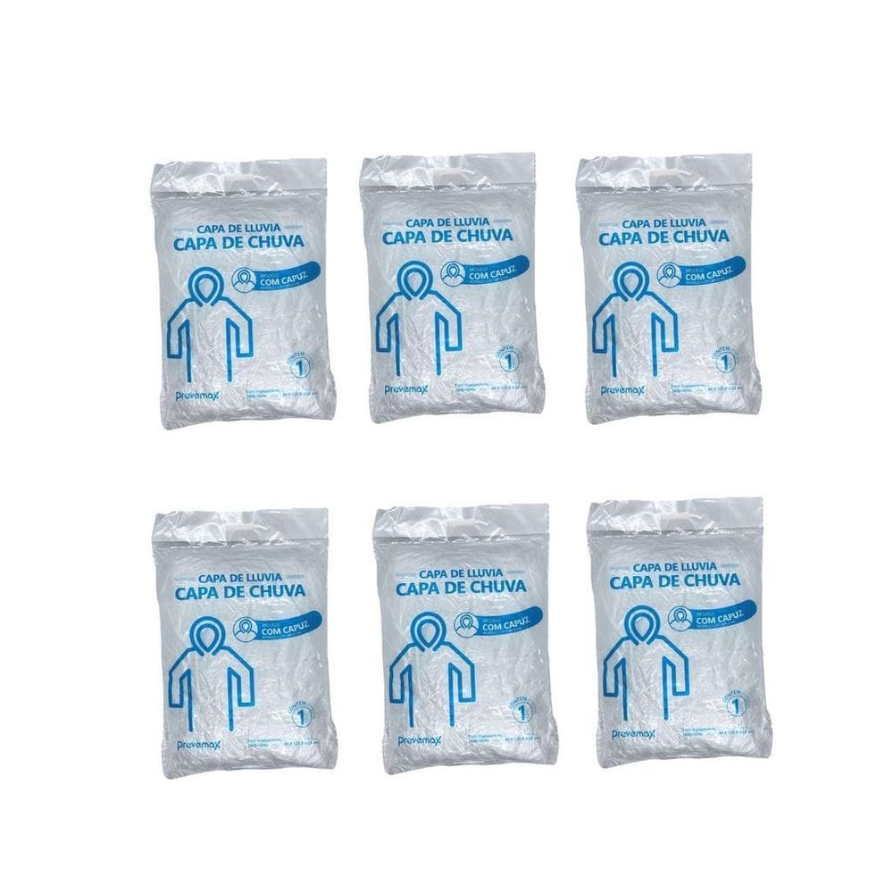 Kit 6 Capa De Chuva Transparente Capuz S/Elástico No Punho