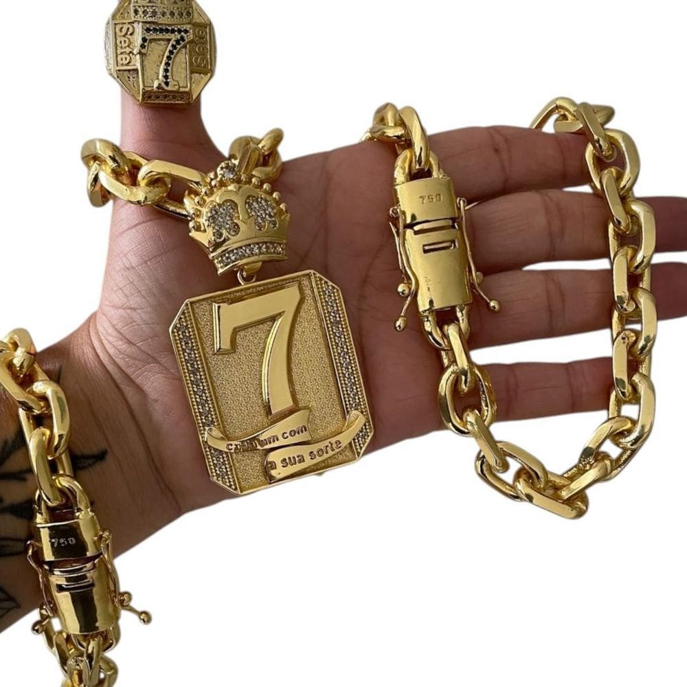 Kit Cadeado 18Mm + Placa 7 + Anel Coroa Banhado A Ouro