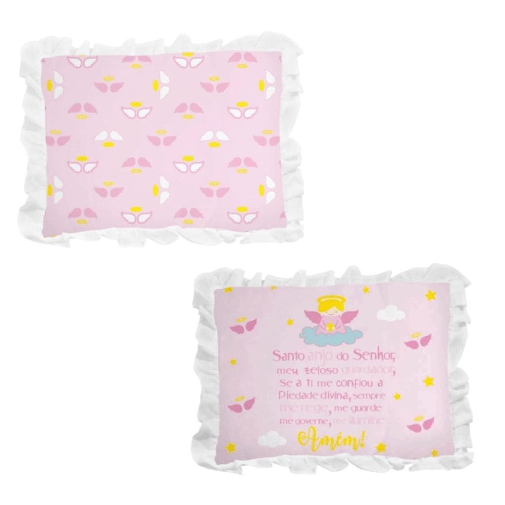 1 Travesseiro Bebê Rosa Oração Anjinho Da Guarda Luxo Babado