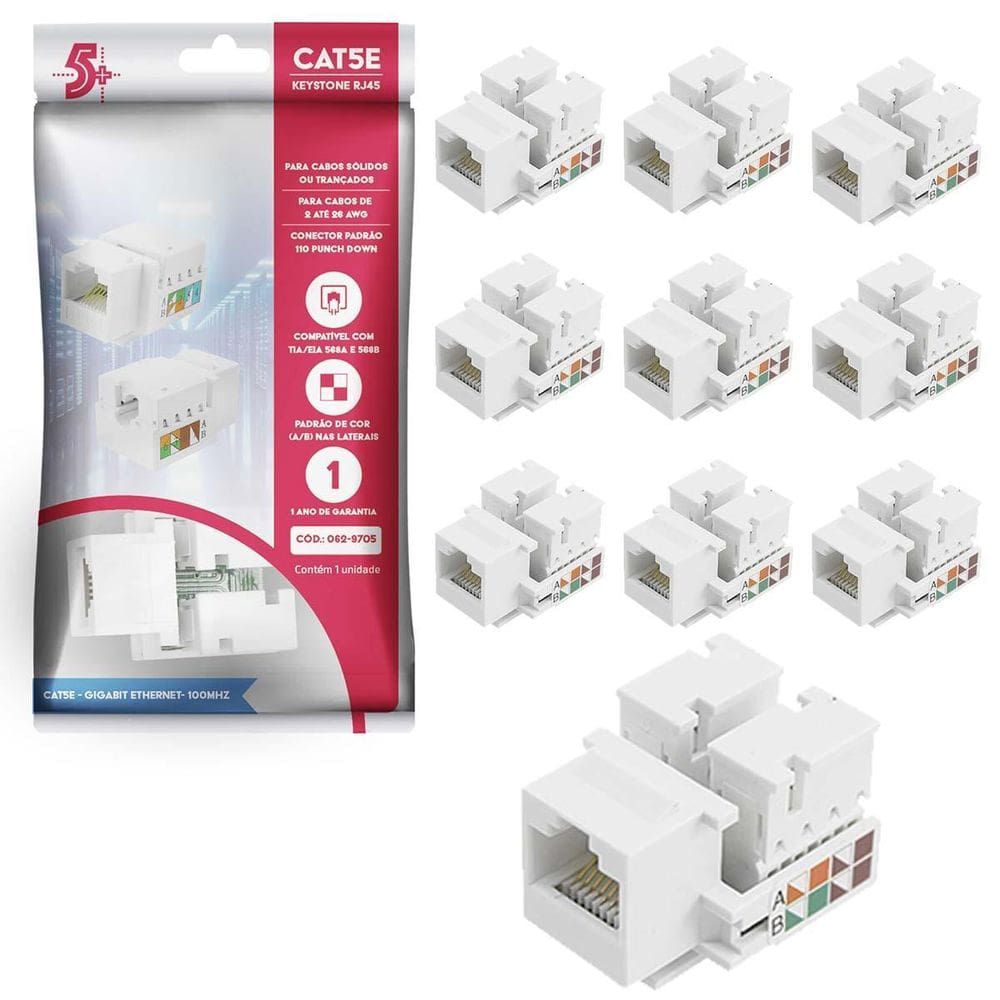 Kit 10 Peças Conector Rj45 Fêmea Utp Keystone Cat.5E Branco