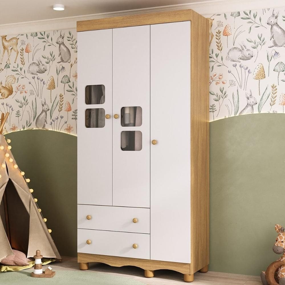 Guarda-roupa Infantil 92cm com Vidro 3 Portas e 2 Gavetas Luna Multimóveis MP4412