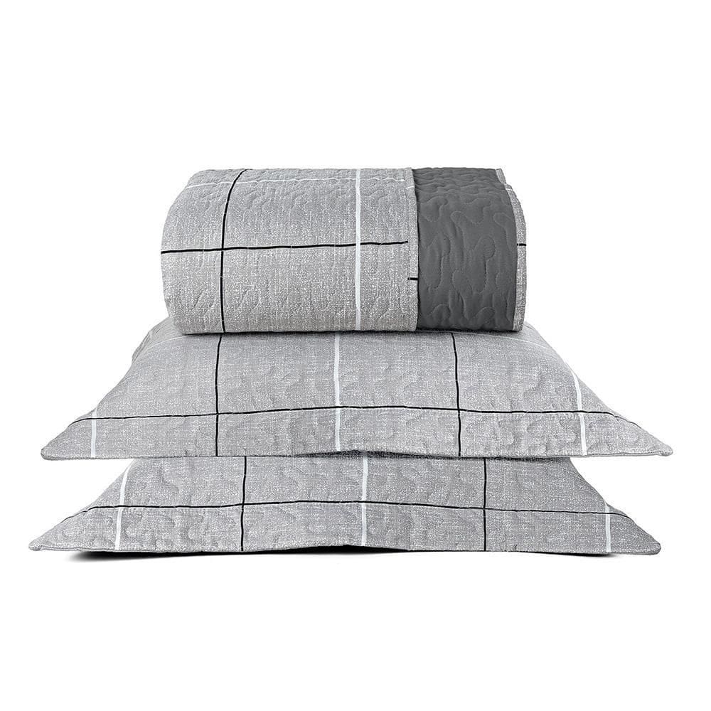 Kit Colcha Celi Casal Dupla Face 200 Fios Xadrez Grid Cinza