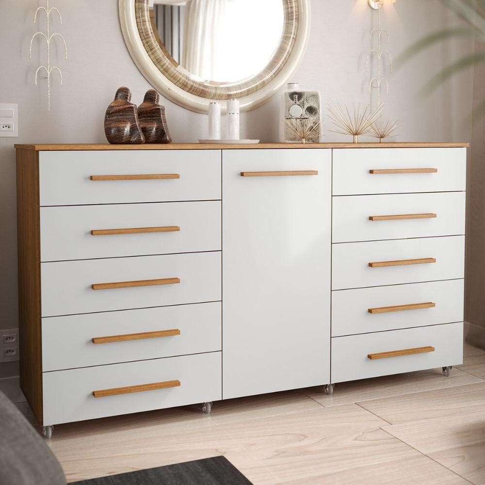 Cômoda Multiuso 10 Gavetas 1 Porta Ferrari Com Rodízios Madeirado/off White