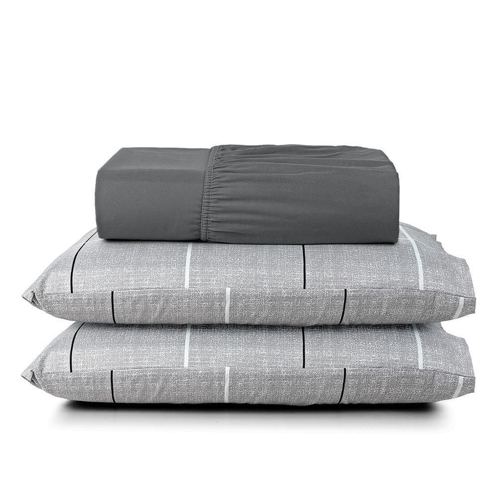 Jogo Lençol Celi Casal Estampado 200 Fios Xadrez Grid Cinza