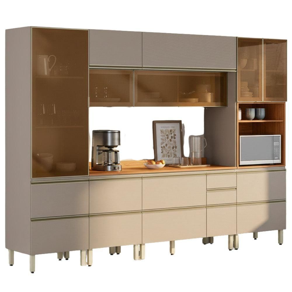 Cozinha Modulada 6 Pecas 310 cm Vidro DP3102 Nogueira Nude Prime Demartez