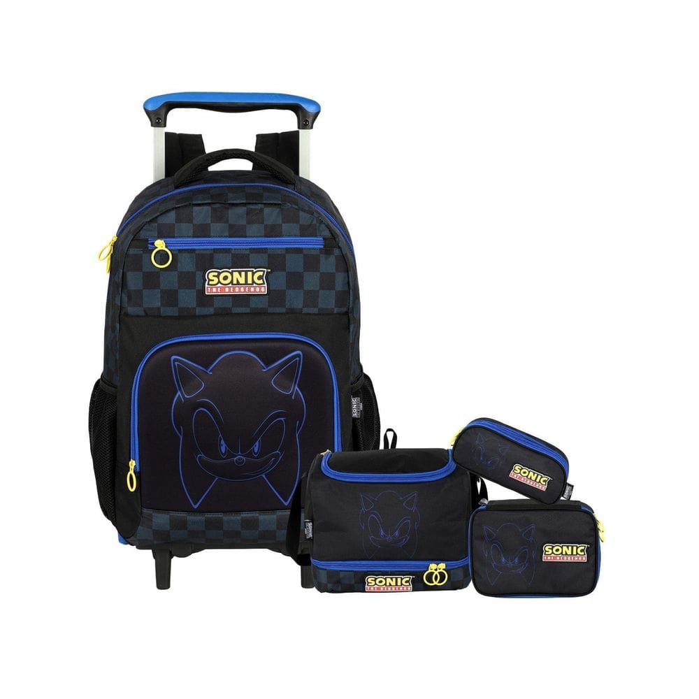Kit Sonic Mochila Rodas + Lancheira + Estojo Box E Triplo