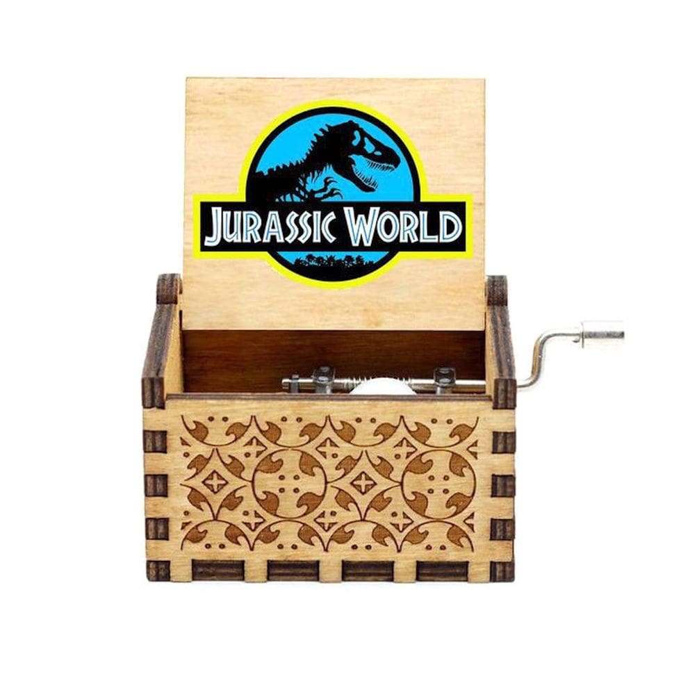 Caixa de música Jurassics Hand Crank, madeira esculpida antiga