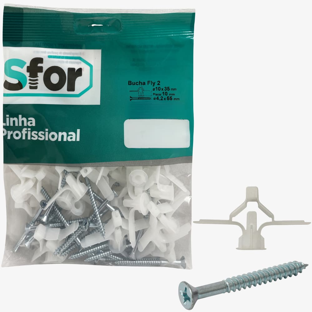Bucha Fly 2 10mm Sfor Parafuso 4,2x55mm Kit 25 Conjuntos Drywall Gesso