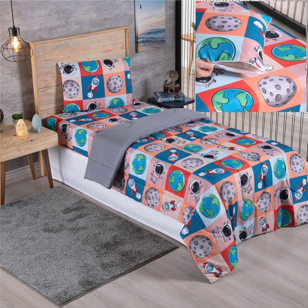 Kit Coordenado Edredom Lençol Solteiro Alegria Astronauta