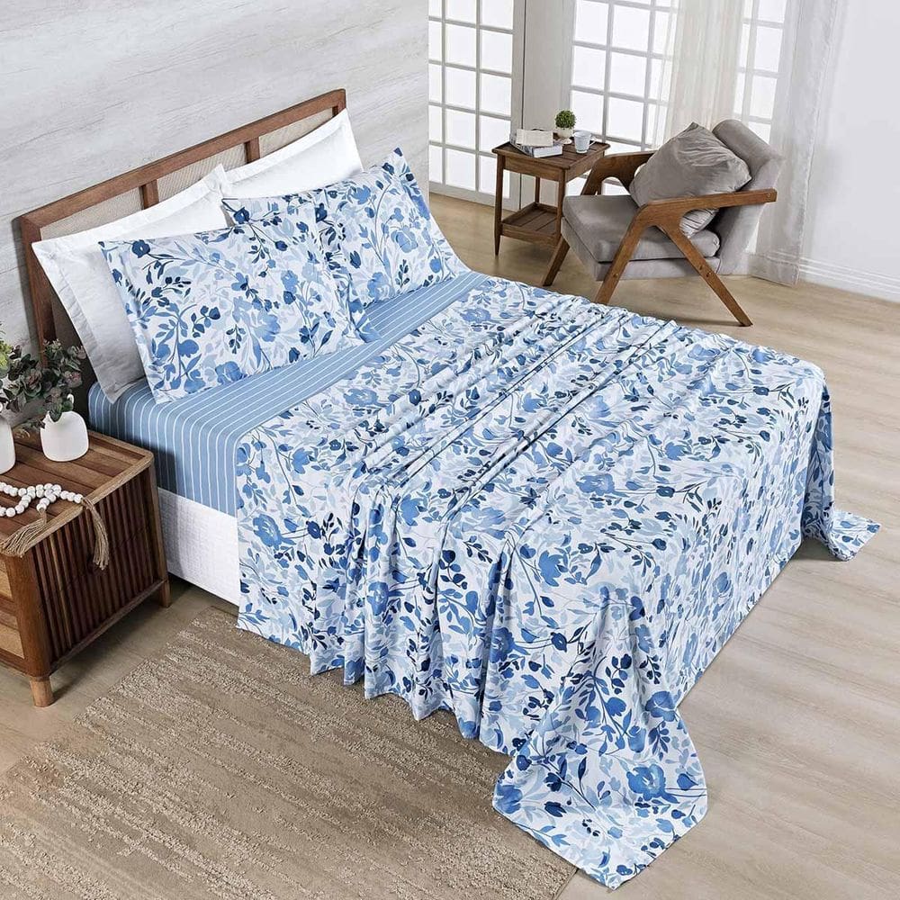 Jogo Lençol Belle Queen 400 Fios Estampado 4Pçs Florido Azul