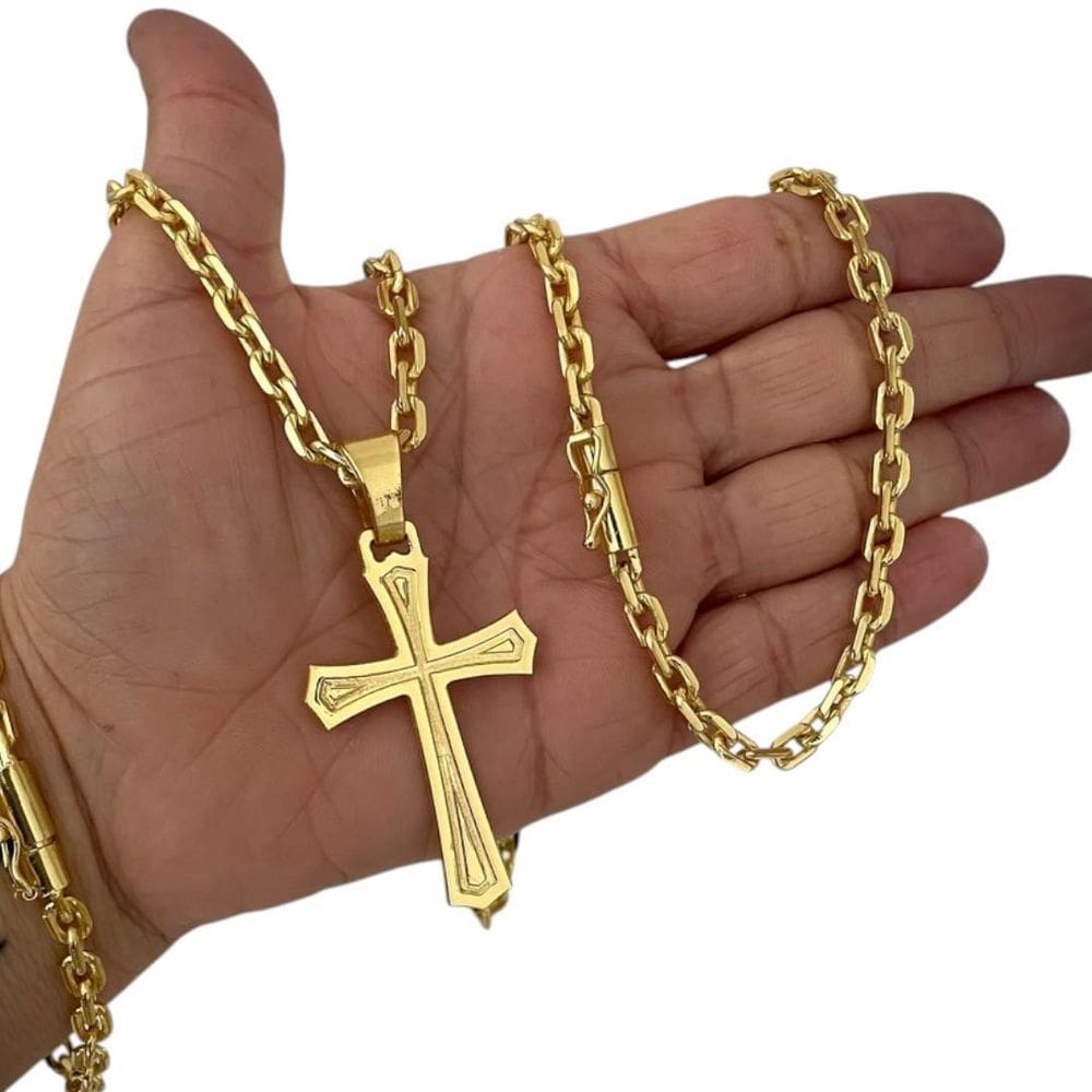 Kit Cadeado 5Mm + Cruz Templária Banhado A Ouro 18K