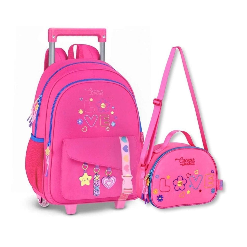 Mochila Rodinhas Lancheira Cacau Haxkar Kit Escolar Feminino