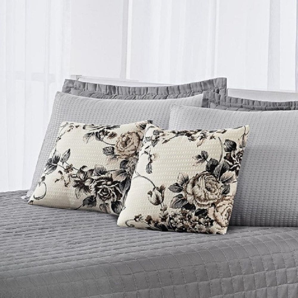 Kit 4 Capa Almofada Piquet Floral Bege 45X45 Zíper Invisível