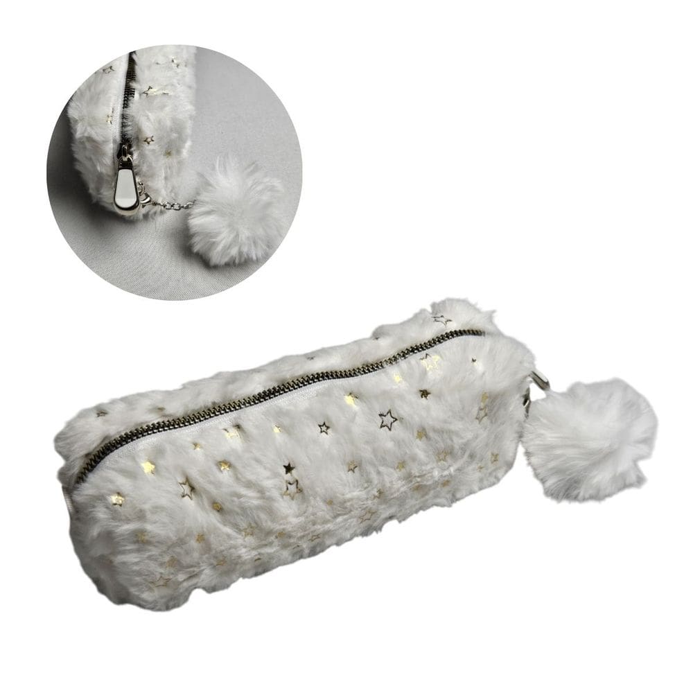 Estojo Escolar Pelúcia Branco Glitter Estrelas Fofo com Pompom Lápis Caneta Material Aula Zíper