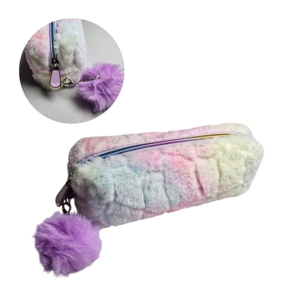 Estojo Escolar Pelúcia Branco Rainbow Zíper com Pompom Fofo Grande Lápis Caneta Colorido Aula