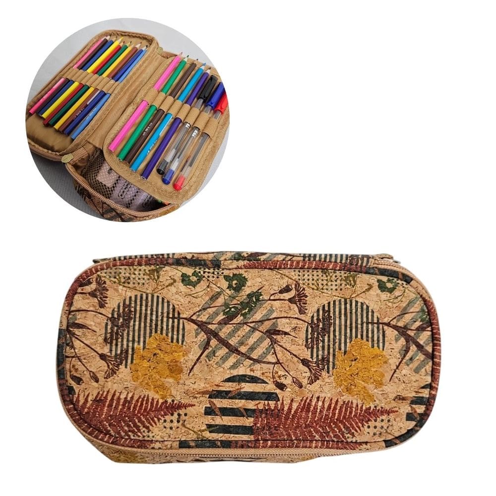Estojo Box Escolar Duplo Natureza Abstrata Azul Organizador Fofo Marrom Lápis Grande Material Aluno