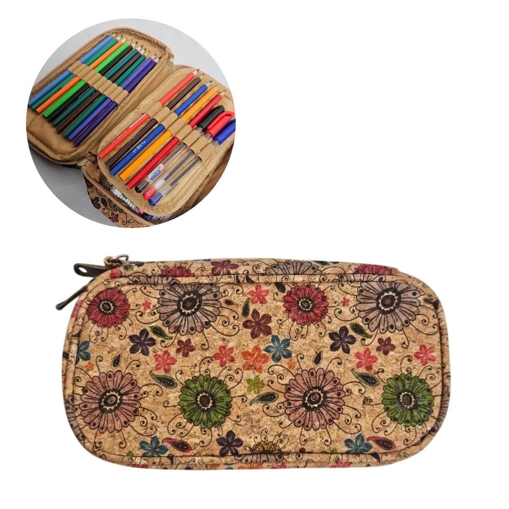 Estojo Escolar Duplo Floral Primavera Vibrante Organizador Marrom Aula Lápis Caneta Aluno Material