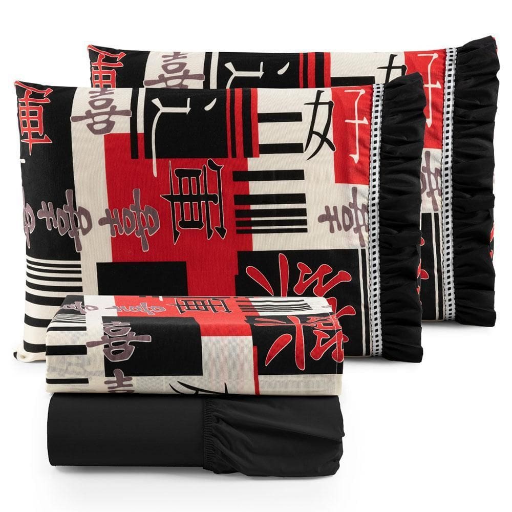 Jogo Lençol Fiore Queen 100% Algodão 4Pçs Preto Japonês