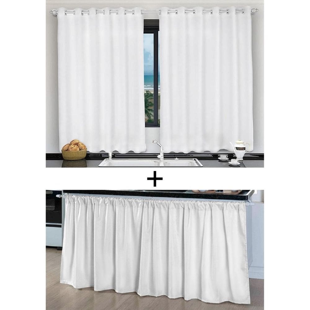 Kit Cortina De Cozinha E Pia Balcão Tecido Liso Branco