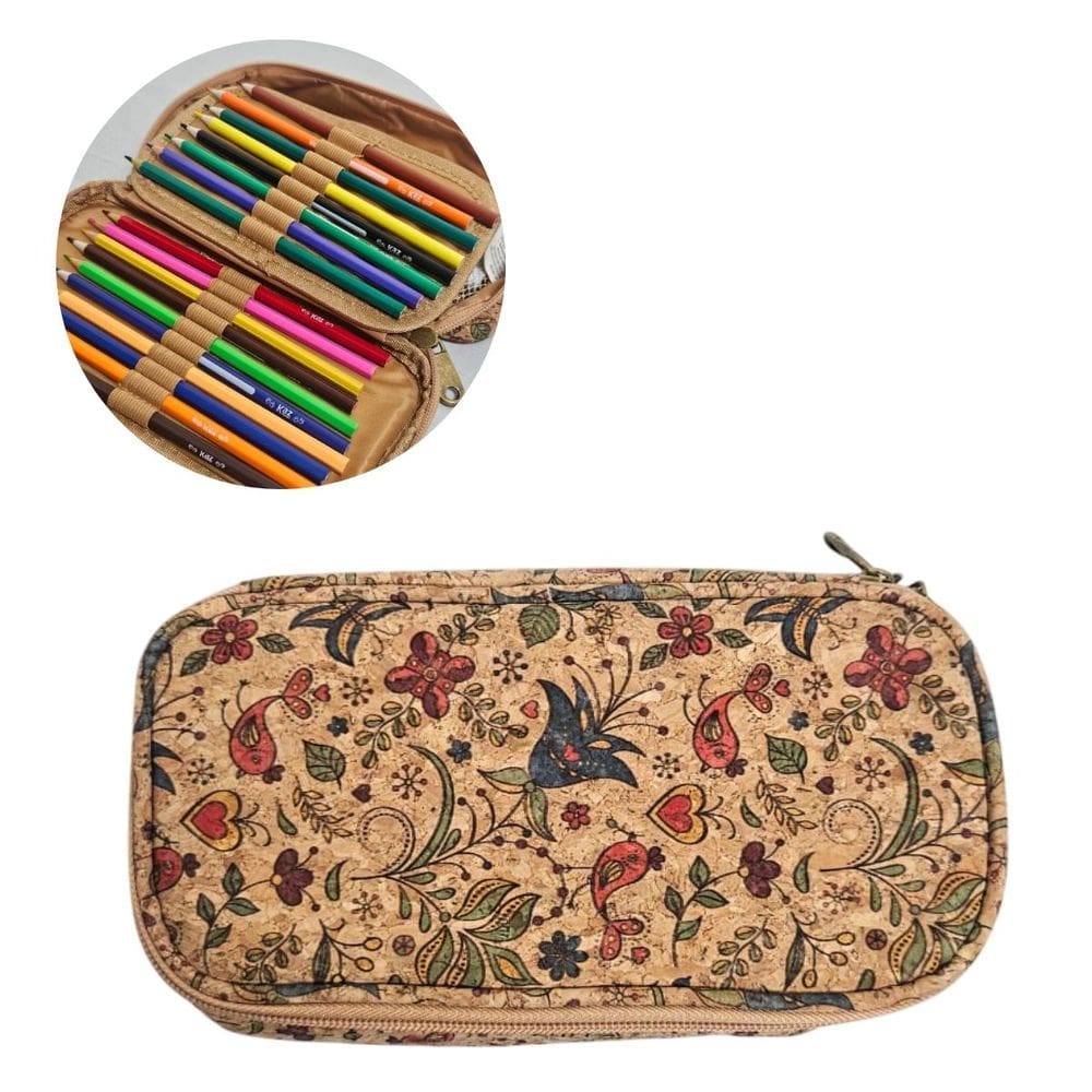 Estojo Escolar Duplo Estampa Floral Vibrante Cortiça Grande Box Lápis Materia Colorido Estudante