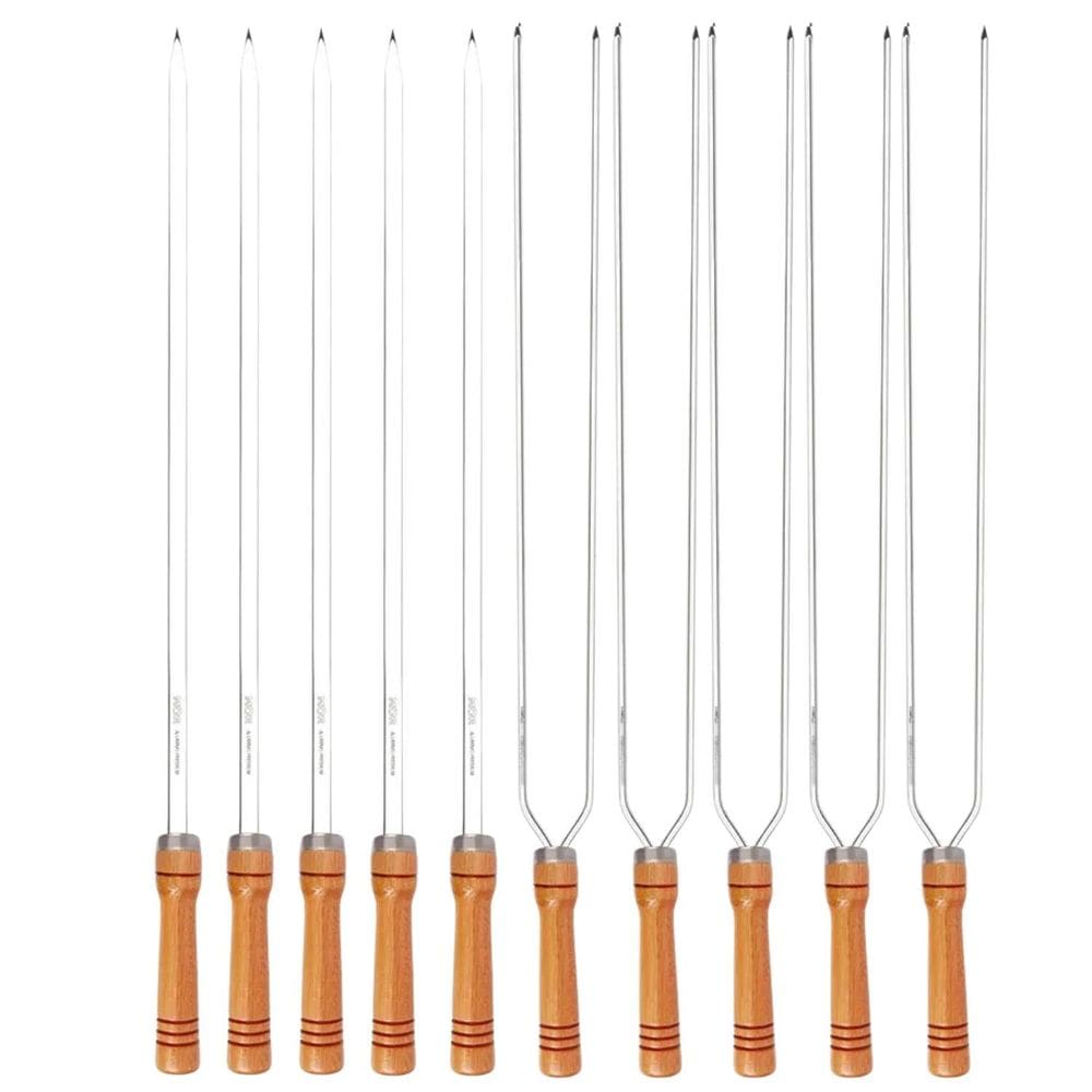 Kit 10 Espetos 70Cm Preparo Churrasco Cabo Madeira Alumínio