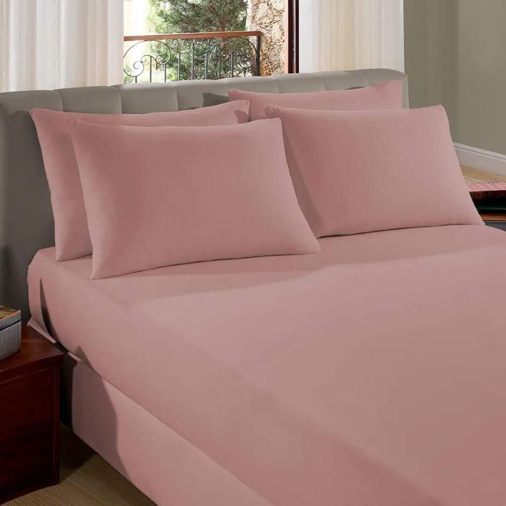 Lençol De Elástico Queen Malha Liso Vivaldi 100% Algodão Rosa Camafeu