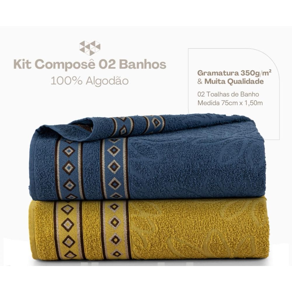 Kit 2 Toalhas De Banho Bloom 100 %Algodão Azul E Amarelo
