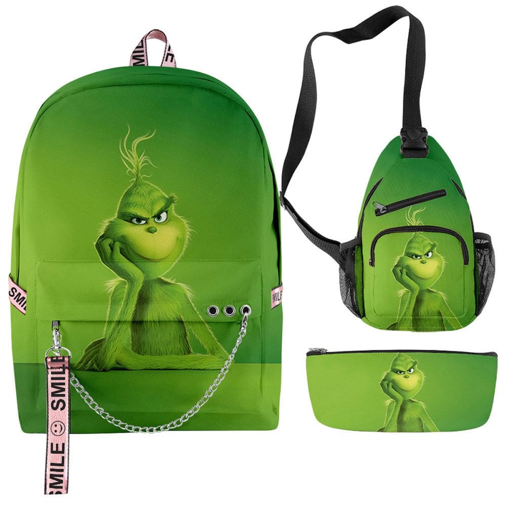 Conjunto de 3 mochilas escolares infantis Grinchs Christmas Cartoon